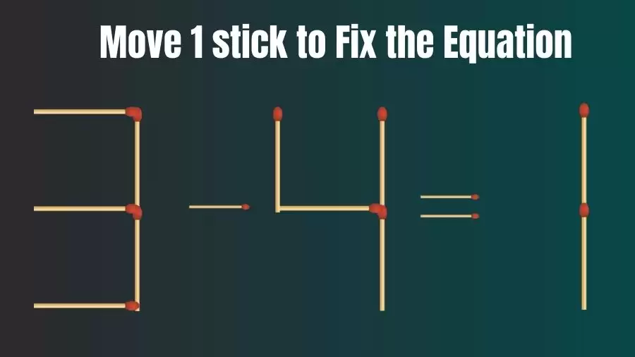 Matchstick Riddle: 3-4=1 Fix The Equation By Moving 1 Stick