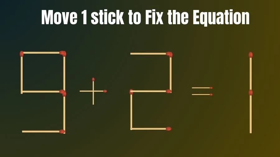 Brain Teaser: Can You Move 1 Matchstick to Fix the Equation 9+2=1? Matchstick Puzzles