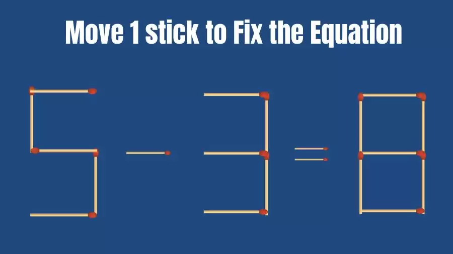 Matchstick Brain Teaser: Can You Move 1 Matchstick to Fix the Equation 5-3=8? Matchstick Puzzles