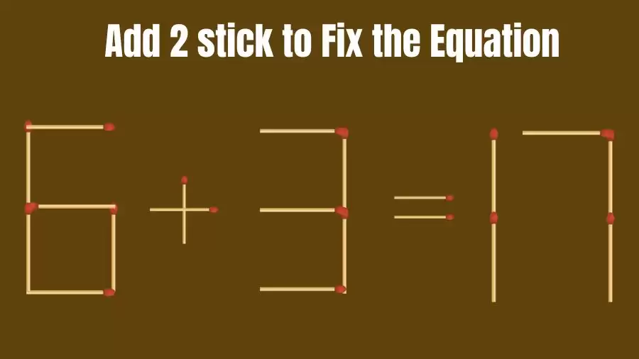 Brain Teaser: Can You Add 2 Sticks and Fix this Equation 6+3=17 in 20 Secs?