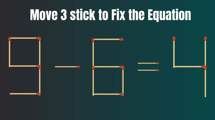Brain Teaser: Can You Move 3 Matchsticks to Fix the Equation 9-6=4? Matchstick Puzzles