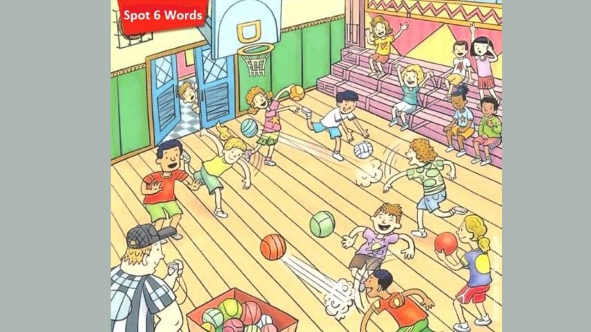 Can you spot 6 Hidden words in the Basketball Court Picture within 10 secs?