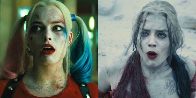 Split image of Margot Robbie as Harley Quinn in Suicide Squad and The Suicide Squad