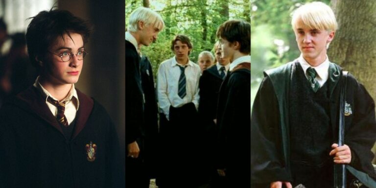 Split image of Harry Potter looking right, Draco and Harry in PoA, and Draco Malfoy looking left