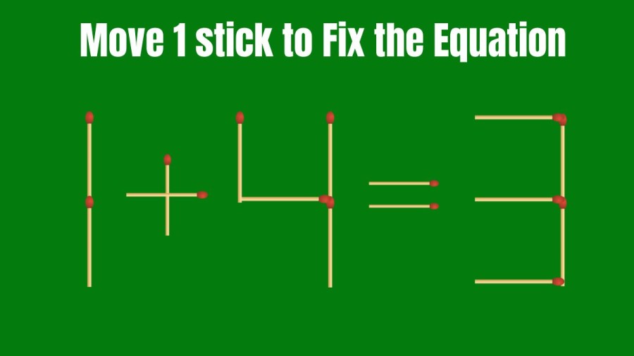 Brain Teaser: Can you Move 1 Matchstick and Fix this Equation 1+4=3?