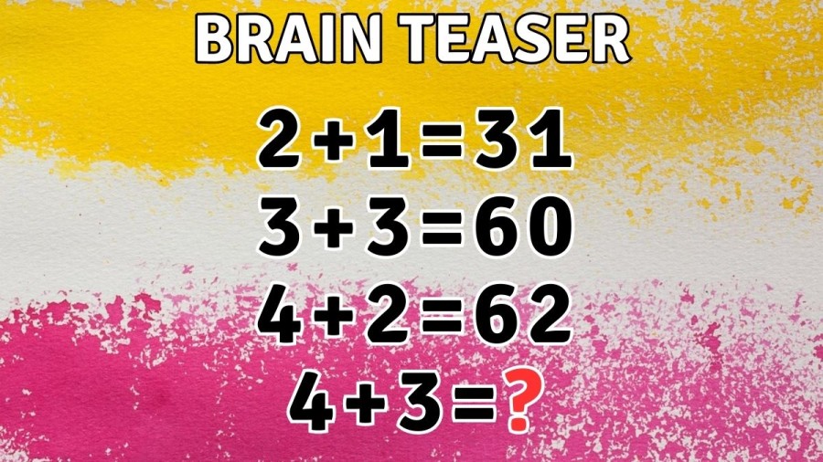 Brain Teaser: 2+1=31, 3+3=60, 4+2=62, 4+3=? Viral Math Puzzle