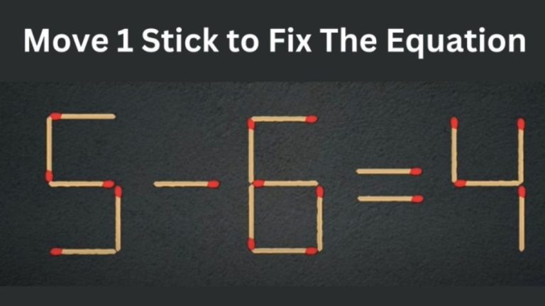 Brain Teaser: 5-6=4 Move 1 Stick to Fix The Equation | Matchstick Puzzle