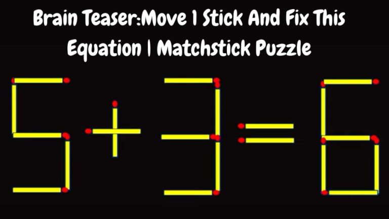 Brain Teaser: 5+3=6 Move 1 Stick And Fix This Equation | Matchstick Puzzle