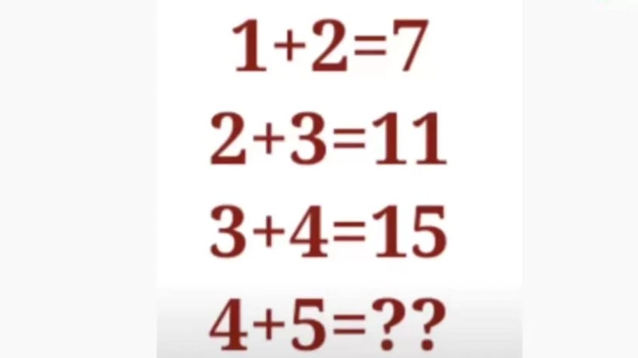 Brain Teaser: If 1+2=7, 2+3=11, 3+4=15, What Is 4+5=? IQ Test Puzzle