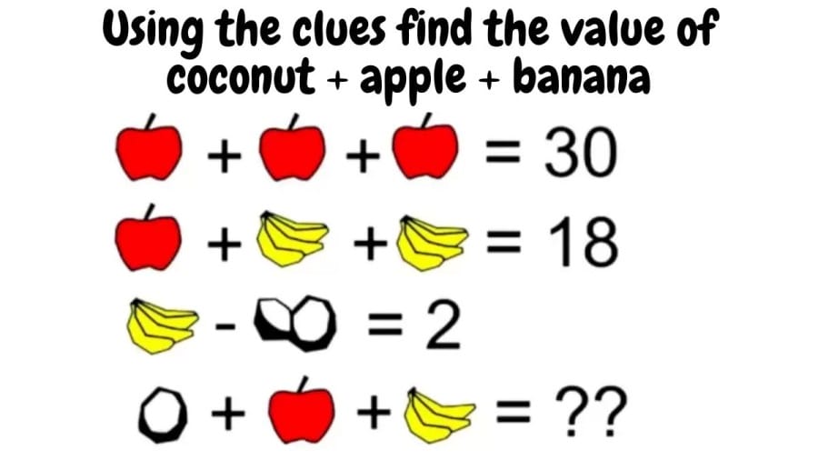 Brain Teaser – Using the clues find the value of coconut + apple + banana