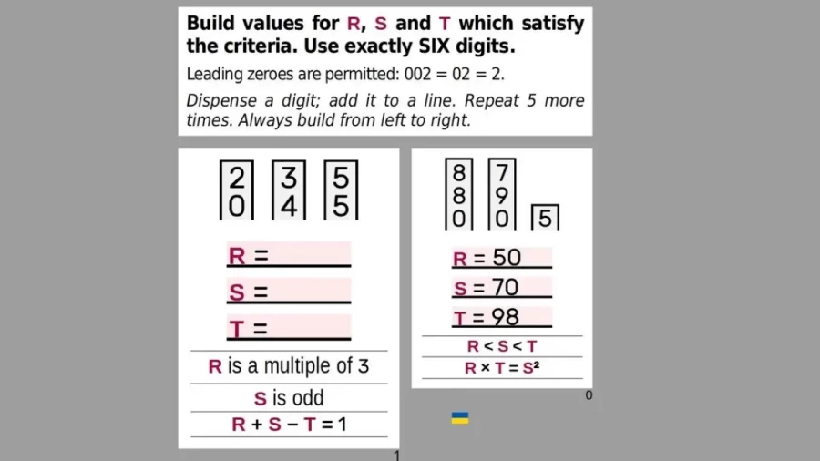 Brain Teaser - Build The Values Of R, S, And T Such That It Satisfies All The Criteria. Rule Use Only The 6 Digits Given Here